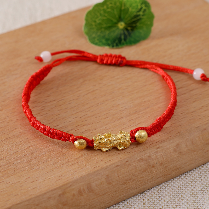 招财转运金貔貅红绳手链民族风手工编织3d硬金转运珠男女貔貅手绳
