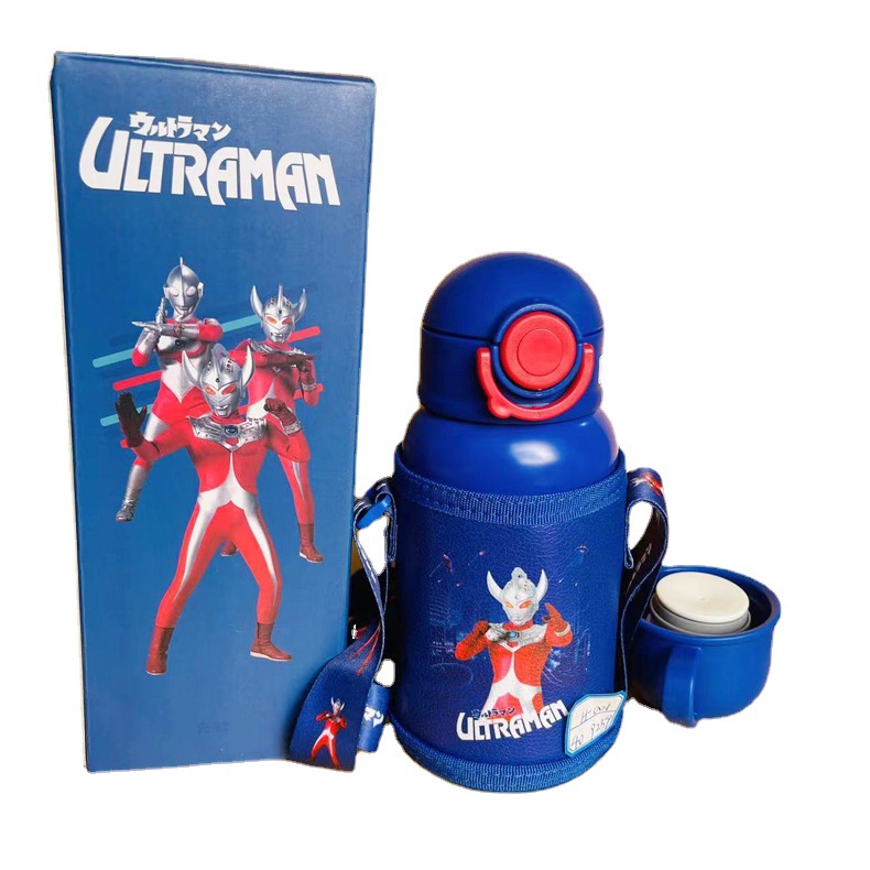 New Ultraman Children's Thermos Mug Stainless Steel Double Cover Cup with Straw Kindergarten Student's Portable Water Bottle Bullet Cup