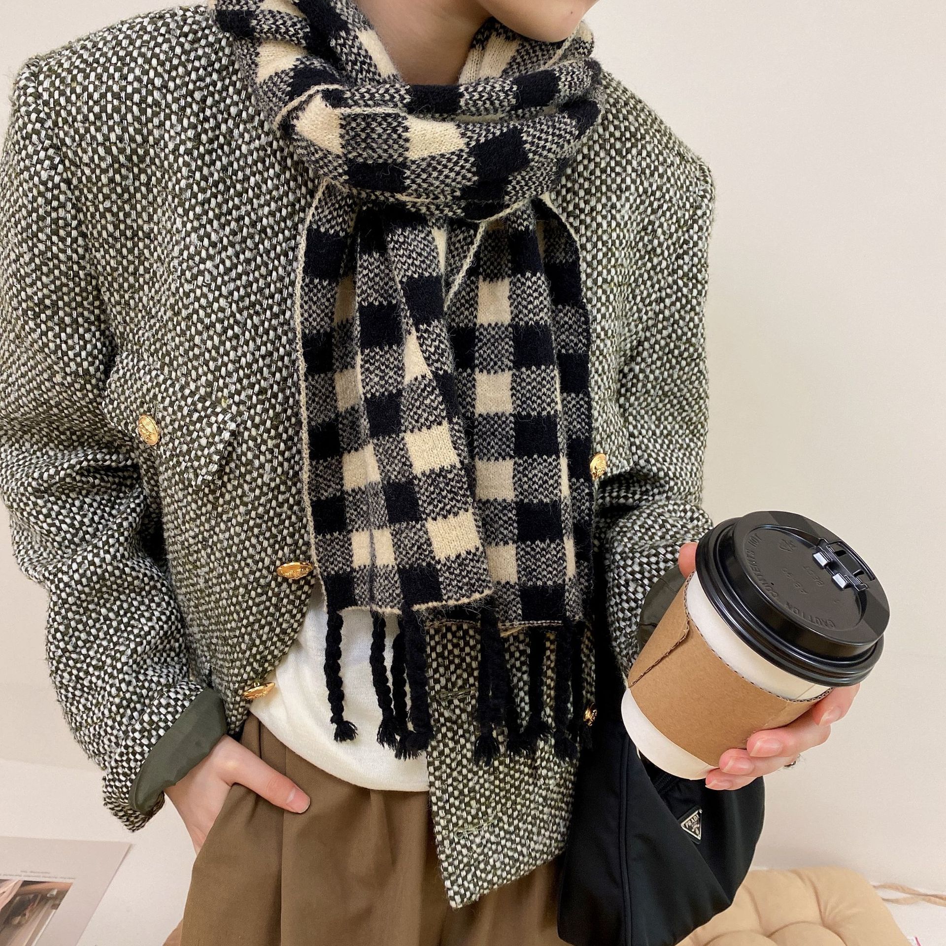 New Classic All-Matching Tassel Retro Nostalgic Style Knitted Plaid Scarf Women's Autumn and Winter Warm Decorative Scarf