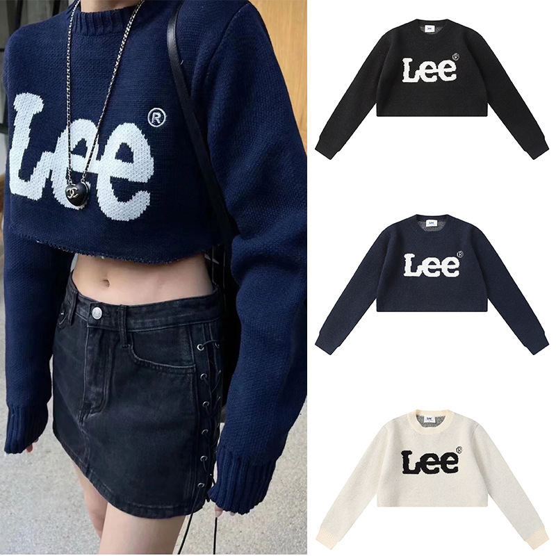 韩国潮牌lee字母撞色毛衣短款宽松圆领男女情侣加厚针织衫ins同款