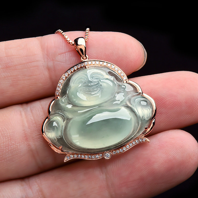 18k金镶玉坠笑佛缅甸冰种翡翠玉佛吊坠女佛公挂坠z875