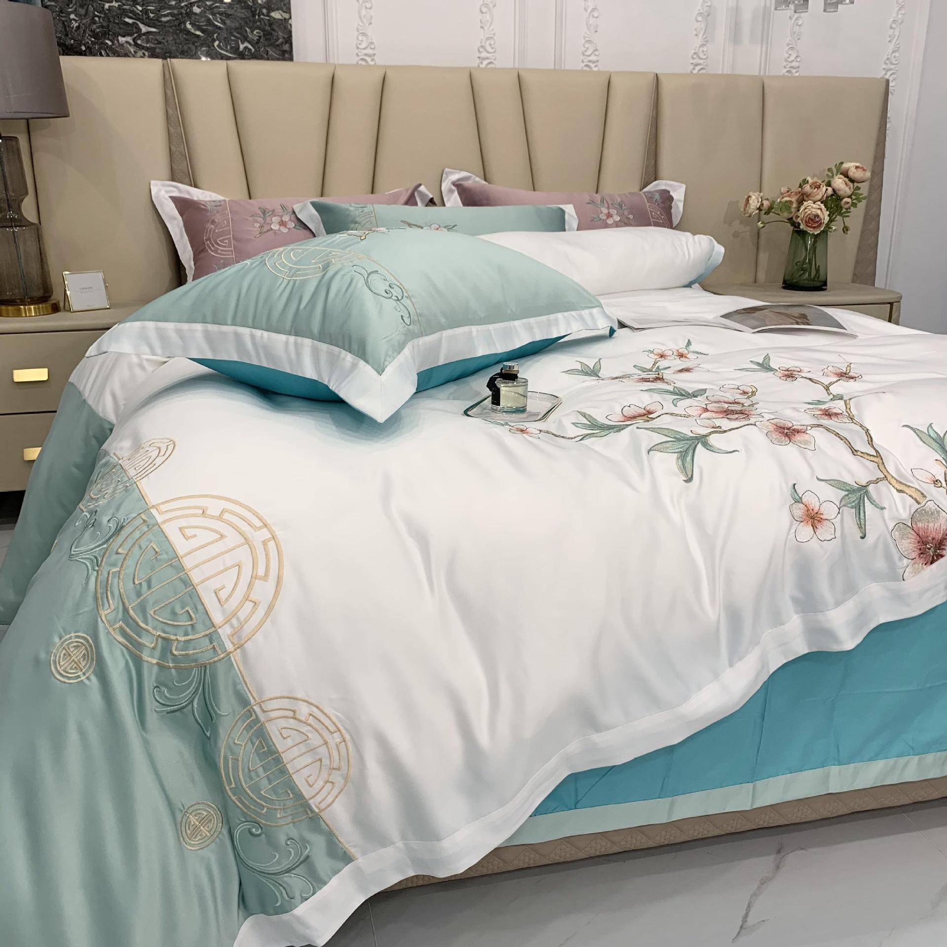 新中式刺绣花卉全棉床上用品高档真丝被套奢华简约纯棉床笠四件套