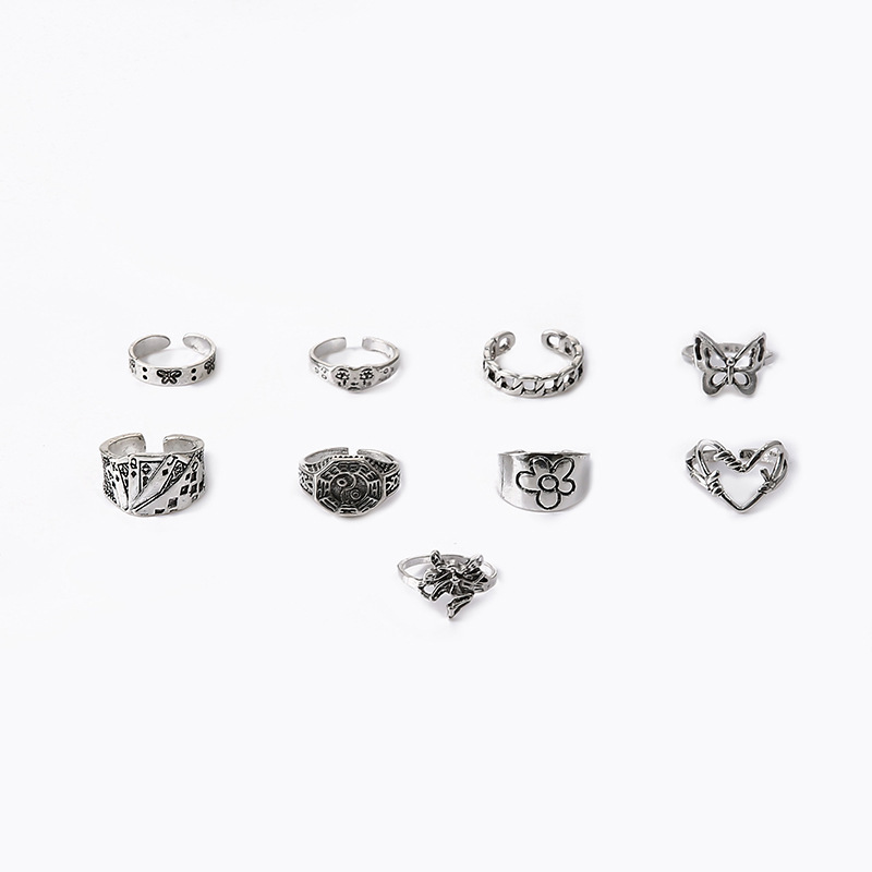 Alloy Chain Ring Vintage Crying Face Ring 9-Piece Set Poker Ring Hollow out Love Heart-Shaped Ring Daisy Ring