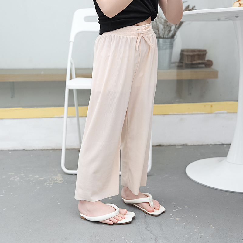 Girls' Anti-Mosquito Pants 2023 New Summer Thin Children's Pants Medium and Big Children Loose Casual Ice Silk Cropped Wide-Leg Pants