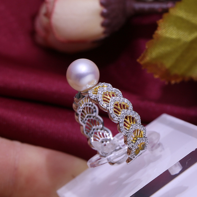 diy配件 s925纯银珍珠戒指空托 时尚镂空双色指环戒托 银托配饰