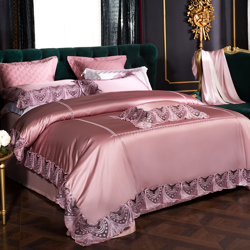 欧式婚庆床上用品四件套蕾丝边真丝被套结婚礼床品高端新婚八件套