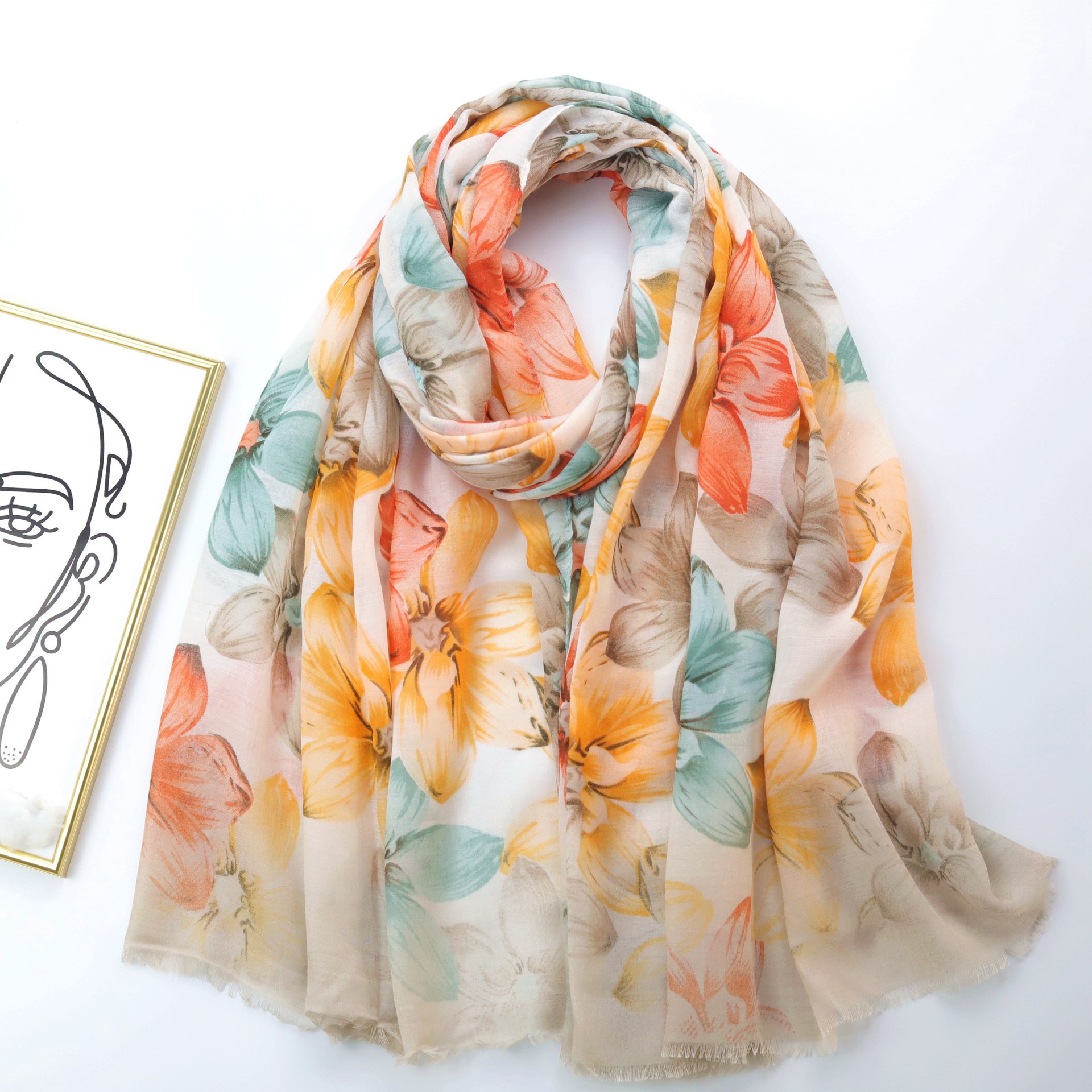 外贸跨境直播栀子花开印花丝巾加密巴厘纱流苏长巾春夏围巾披肩