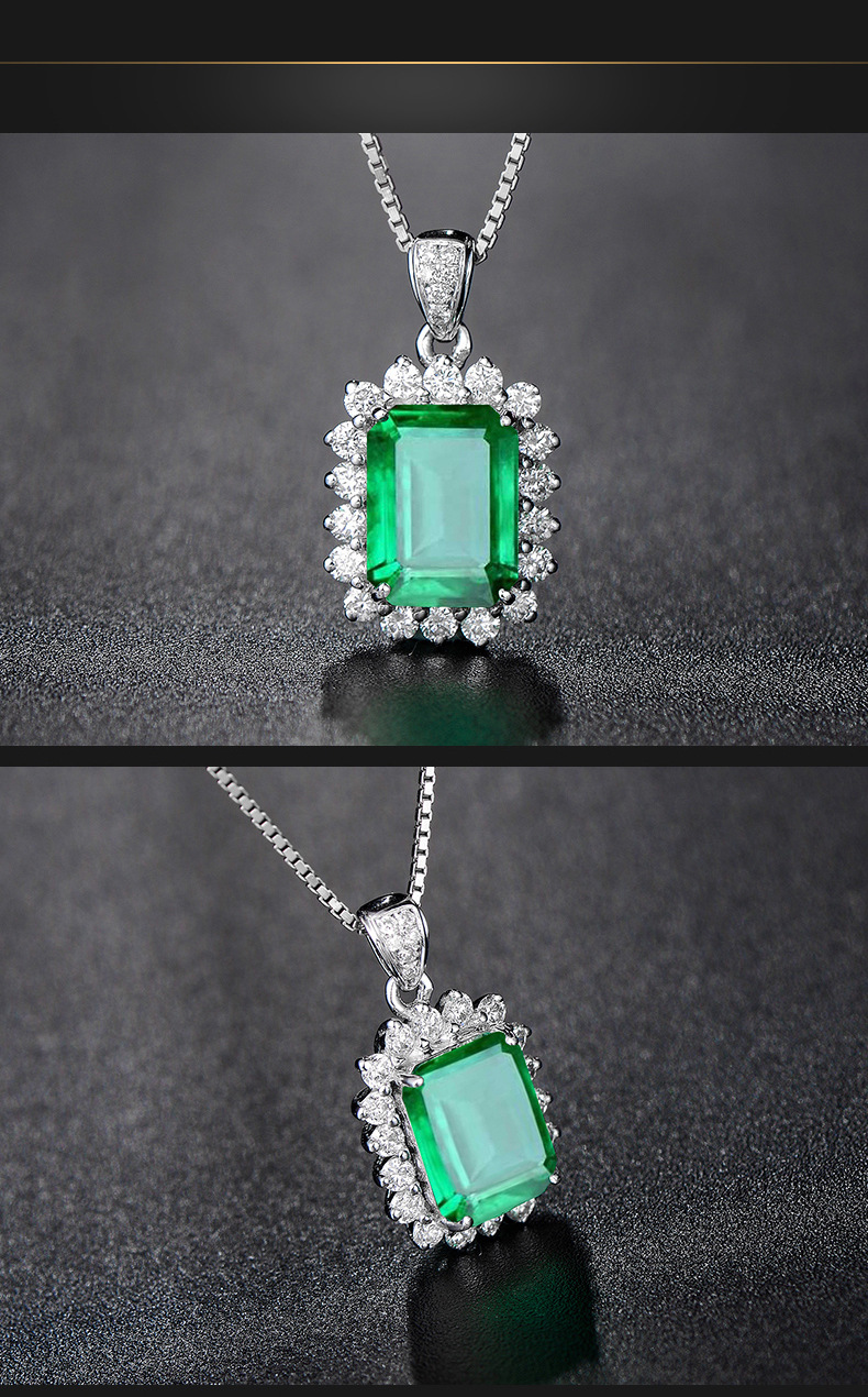 新品气质奢华长方形仿真祖母绿碧玺彩宝吊坠女 时尚项链锁骨项链