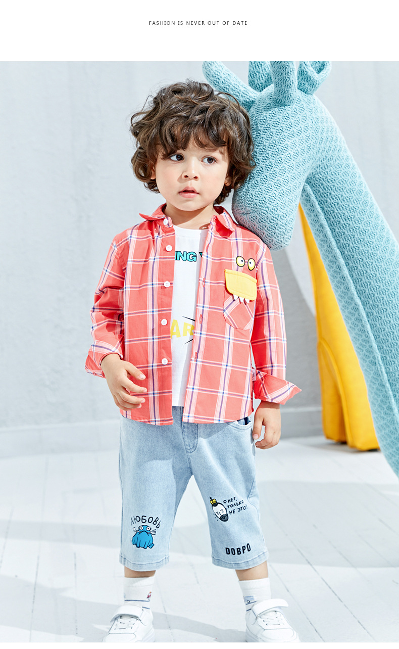 【零也实体品牌童装】2021春款新品童装大格子卡通经典印花长衬衫