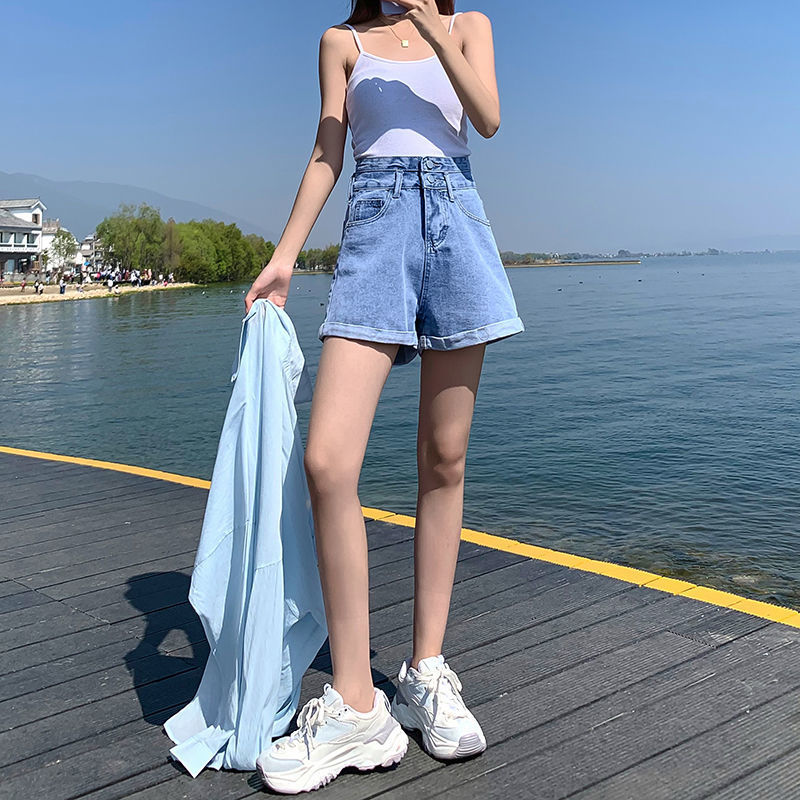 Denim Shorts Women's Summer Thin 2021 New High Waist Slimming A- line Wide Leg Curling Loose-Fitting Hot Pants Trendy Ins