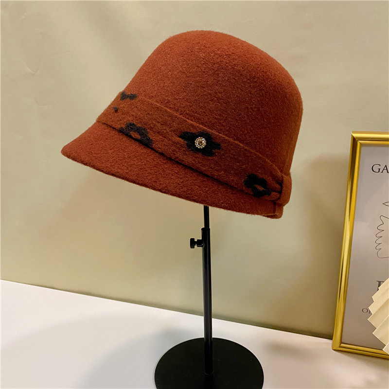 镶钻印花羊毛直筒帽秋冬女法式优雅大头围盆帽英伦经典圆顶渔夫帽