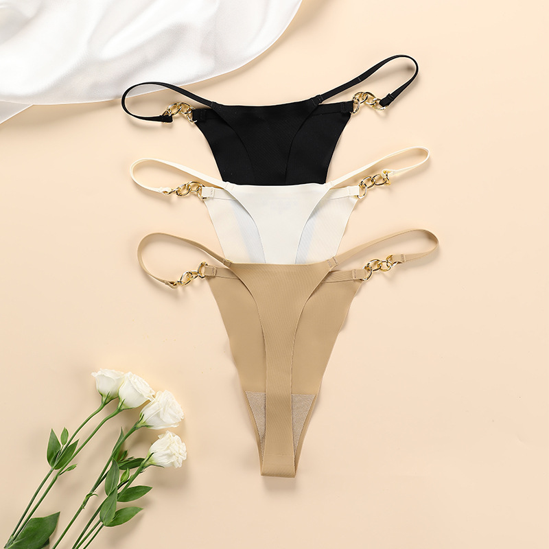 European and American Sexy Underwear Women's One-Piece plus Size Seamless Purified Cotton Crotch Breathable Exquisite Metal Ring Women's T-Back