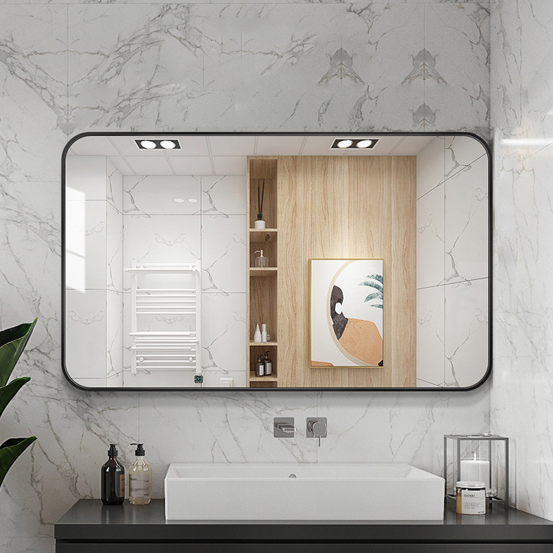 Aluminum Alloy Frame Bathroom Mirror Bathroom Bathroom Mirror Wall-Mounted Punch-Free Wall-Mounted Square Mirror Bathroom Frame Mirror