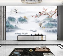 新中式水墨山水画电视背景墙壁纸客厅装饰墙纸8d花鸟影视墙布壁画