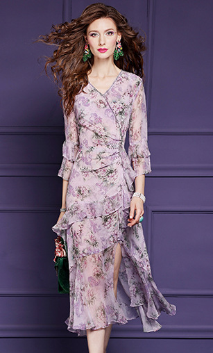 菲梦伊100桑蚕丝印花连衣裙女夏季轻熟荷叶边褶皱钉珠真丝长裙子