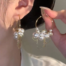银针珍珠流苏耳环法式复古设计感气质耳钉小众个性高级感耳饰批发