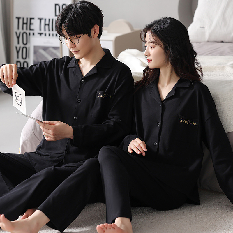 New Spring and Autumn Couple Pajamas Women's Autumn Cotton Cardigan Men's Lapel Long-Sleeved Trousers Home Wear Suit Casual Home