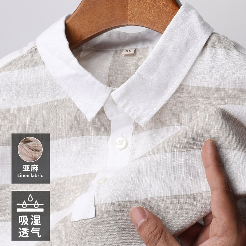 100%亚麻短袖t恤男士翻领条纹夏季新款中国风国潮中青年上衣薄款