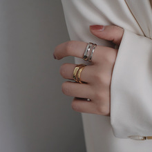 韩版S925银几何双层戒指女复古时尚气质简约开口指环嘻哈食指戒潮