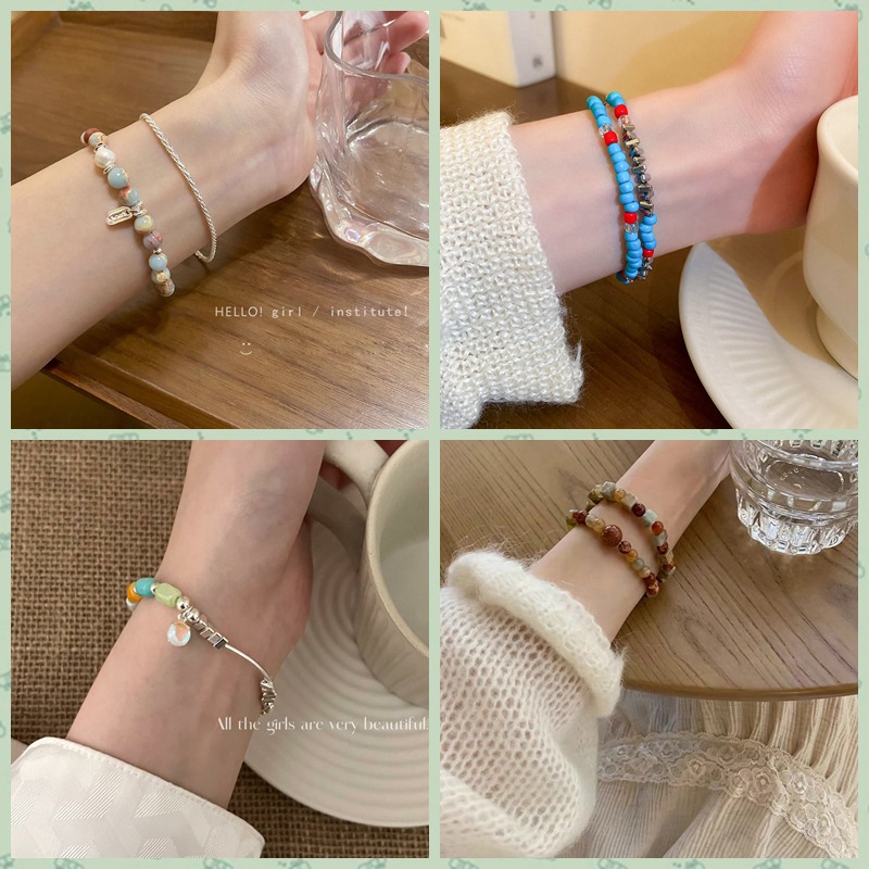 Retro New Chinese Style Natural Agate Stone Beaded Bracelet Fashion All-Match Small Pieces of Silver Summer Ins Niche Bracelet Bracelet