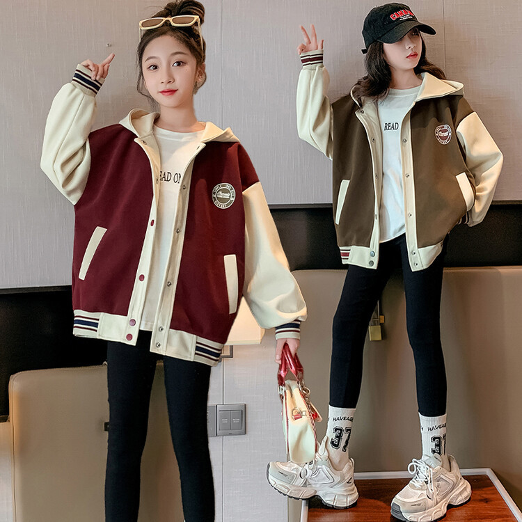 春秋棒球服女童外套2024新款6-13岁中大童小女孩连帽休闲上衣洋气