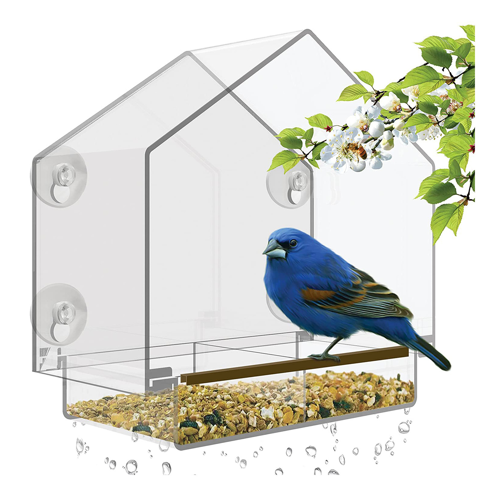 透明亚克力鸟笼喂鸟器户外屋型宠物鸟喂食器带吸盘抽拉式食盒定制