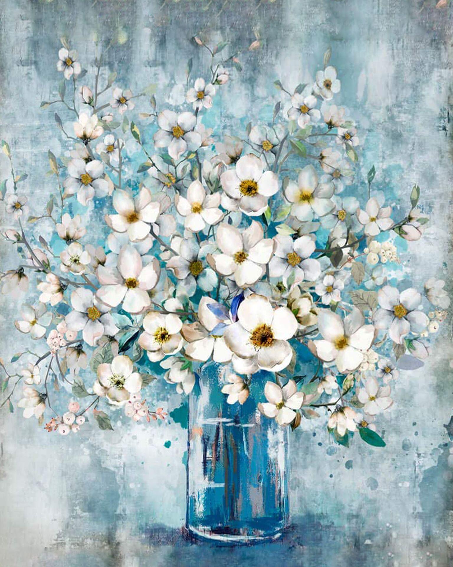 厂家直营外贸出口纯手绘diy数字油画 克莱因蓝玉兰花diy数字油画