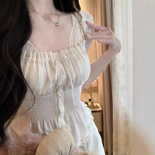 白水女白玫奶芙泡泡袖上衣女纯欲风氛围感修身显瘦外穿短袖上衣