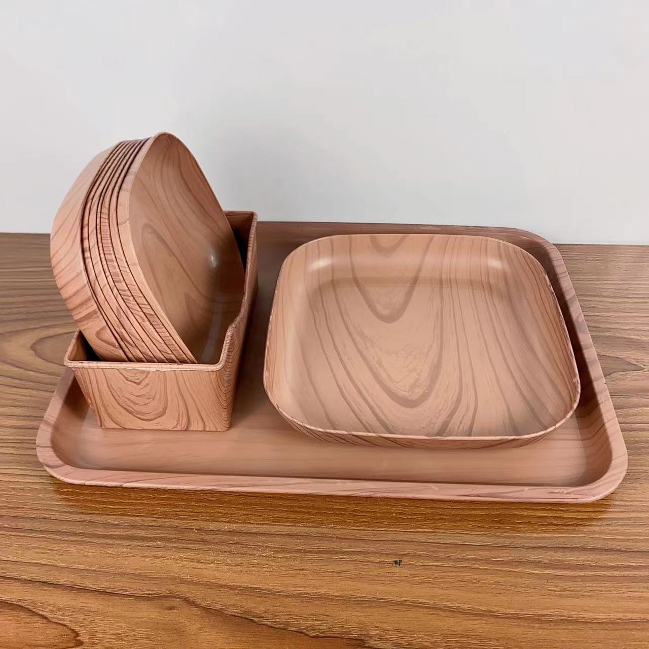 Creative Plastic Wood Grain Tray Set Household Bone Dish Fruit Plate Snack Dish Afternoon Tea Tray Dining Table Bone Dish