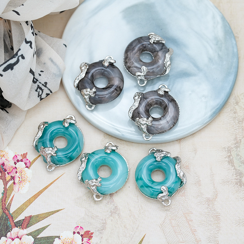 新中式渐变墨绿龙形玉佩吊坠发簪配饰 国潮高级感发饰可拆流苏