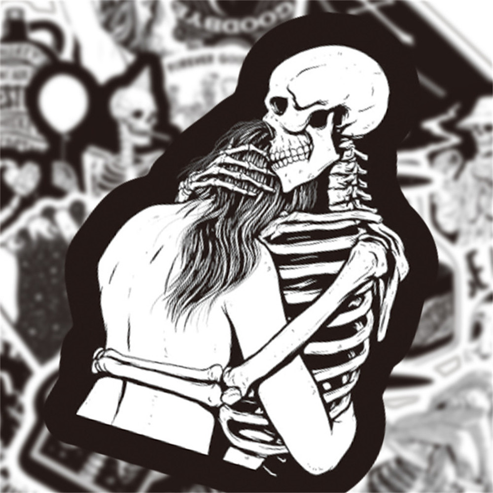 50张黑白恐怖哥特主题涂鸦贴纸水杯手账行李箱拉杆箱防水装饰贴纸