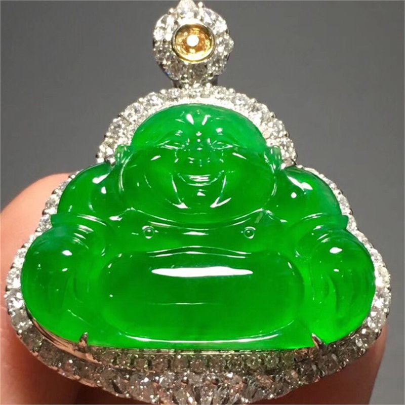 批发冰种帝王绿翡翠玉佛天然缅甸正品热卖特价18k金镶钻满绿吊坠
