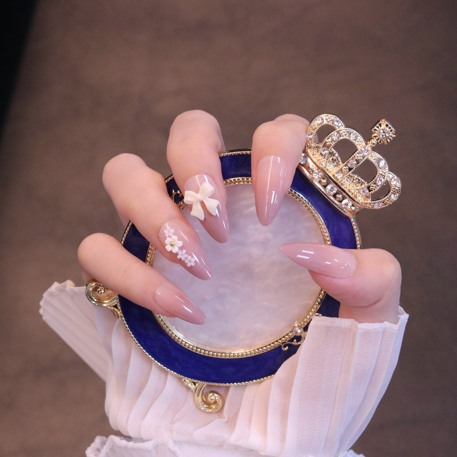 美甲贴片穿戴甲美甲成品中长款奶茶蝴蝶结指甲贴片假指甲网红同款