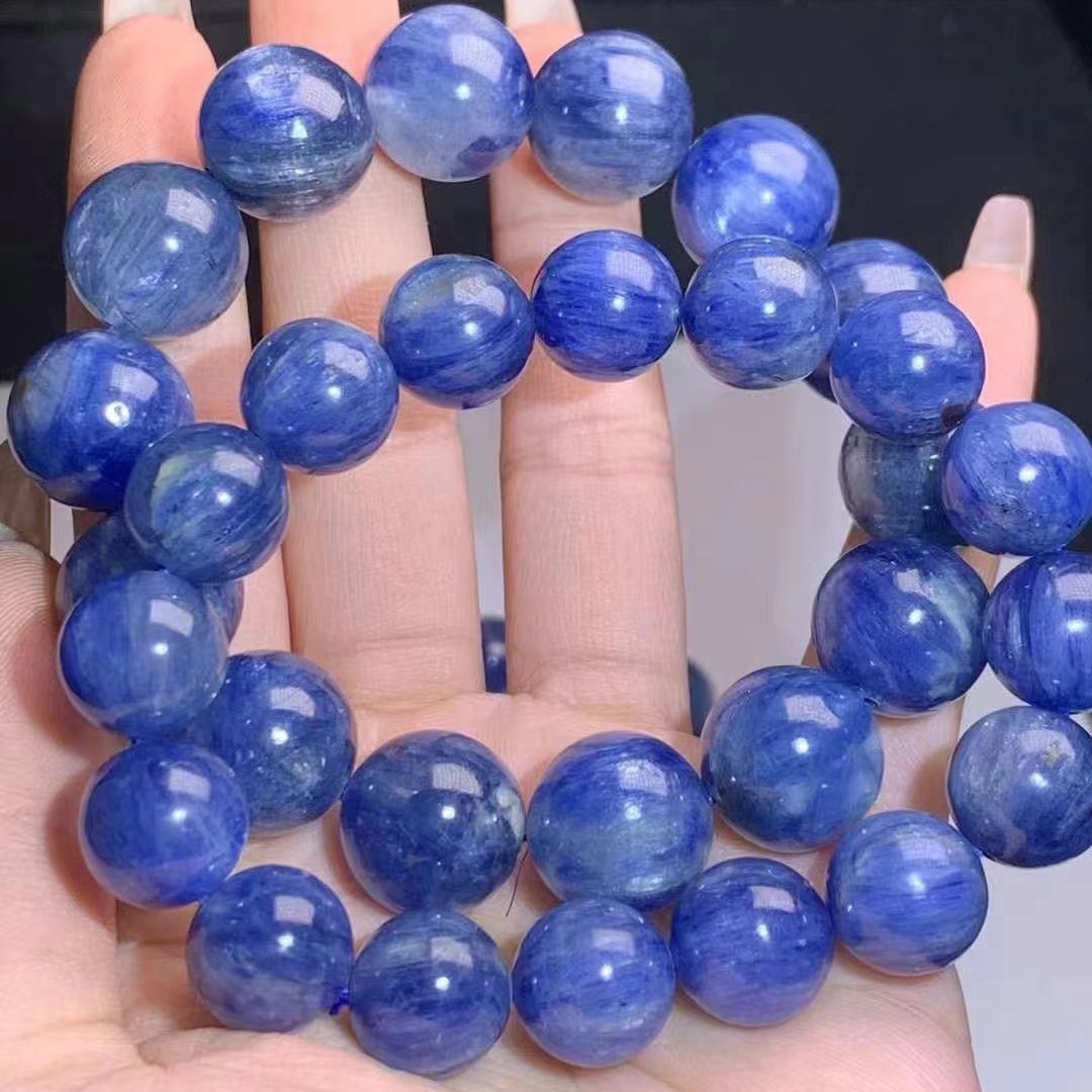 天然无优化蓝晶石圆珠单圈手链 色彩缤纷 晶体微玉化 条条带猫