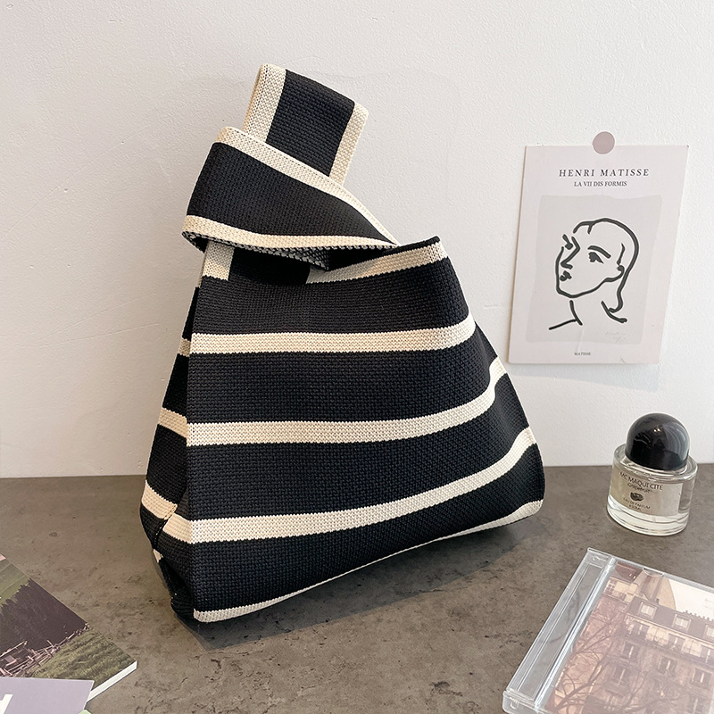 Korean Style Striped Knitted Small Bag Contrast Color Square Woven Bag Hepburn Style Portable Casual Walking Vest Bag Women's