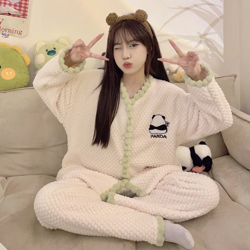 睡衣女秋冬季珊瑚绒加厚加绒冬天女士开衫甜美法兰绒家居服套装