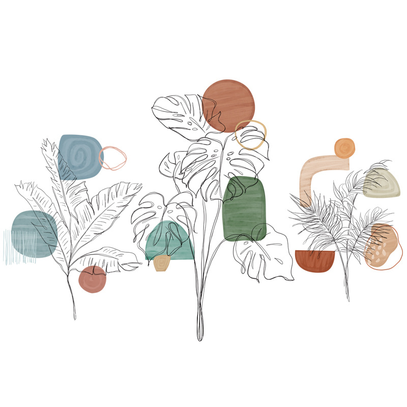 简约植物几何色块墙贴纸自粘客厅卧室床头背景房门龟背竹黑色线条