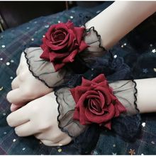 暗黑系lolita洛丽塔蕾丝手腕套手袖女酒红色玫瑰花礼服袖套手腕花