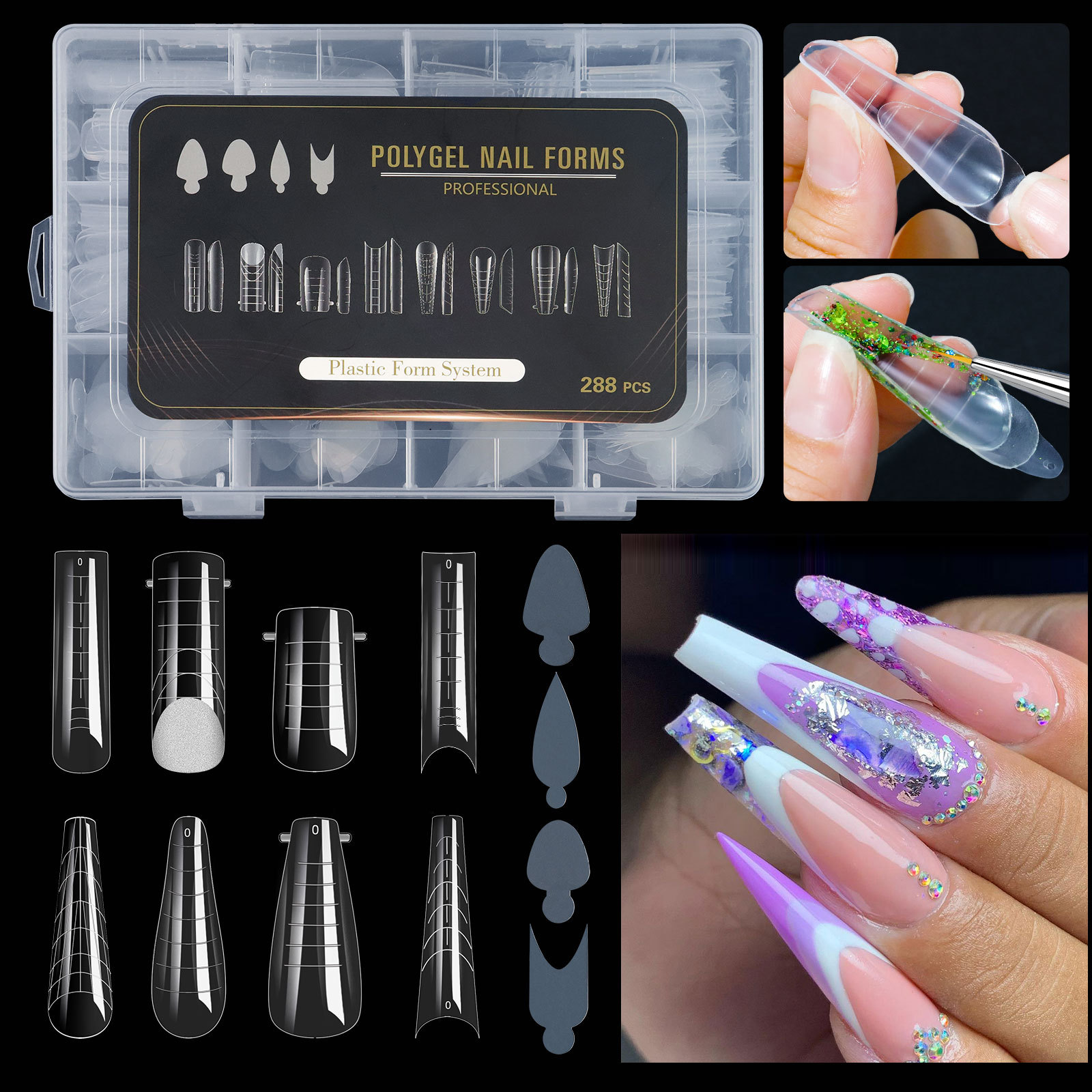 crystal extension nail set nail art crystal nail film no paper tray extended glue nail mold 288pcs nail die sheet set