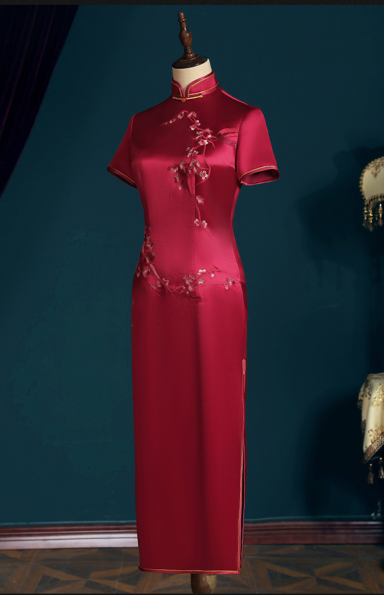新款红色妈妈春装旗袍连衣裙 中年女装喜婆婆婚宴婚庆礼服 春夏季