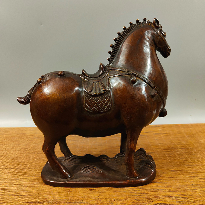 纯铜唐马一匹古玩收藏仿古色站马骏马紫铜色马摆件家居办公桌饰品