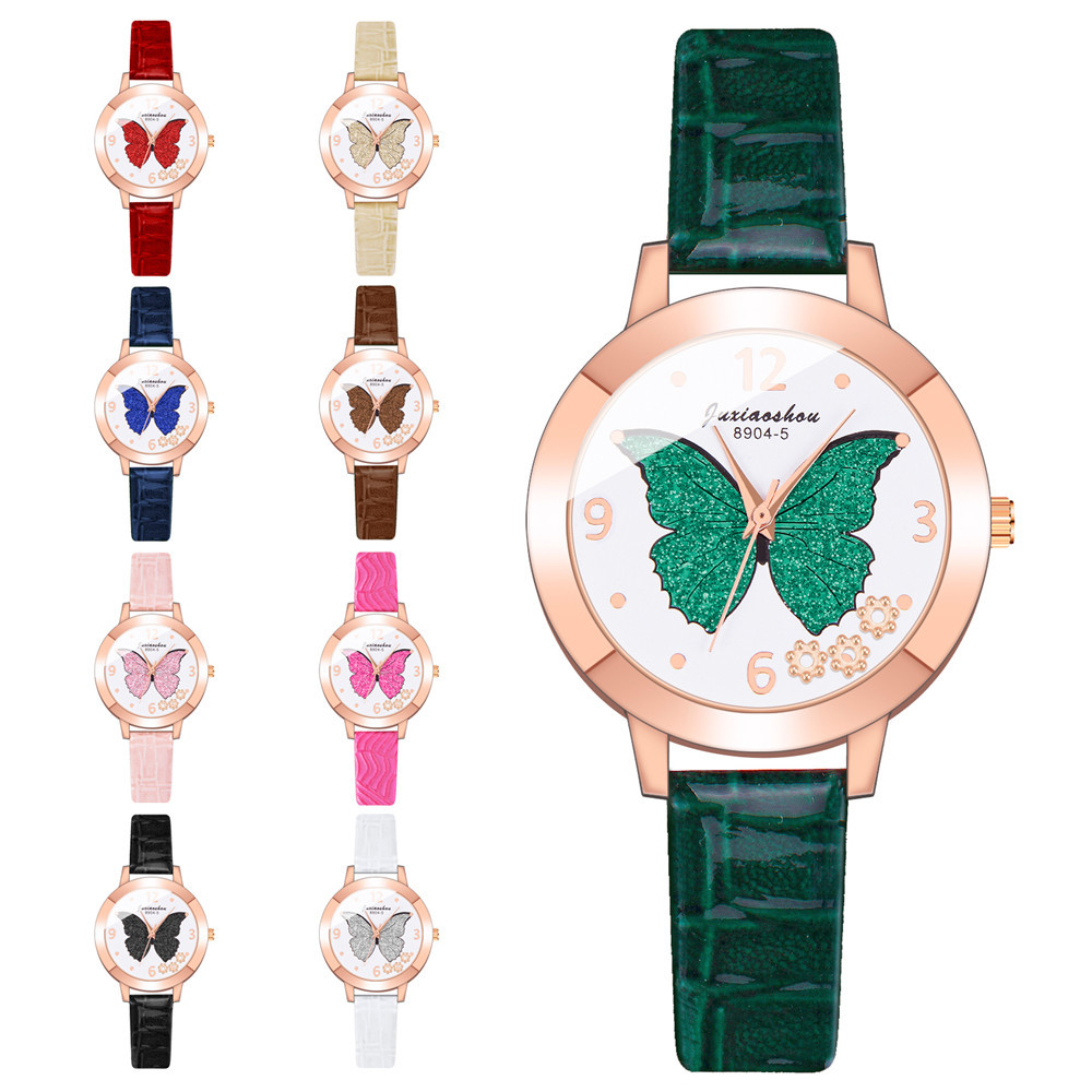 速卖通外贸新款彩色蝴蝶图案时尚女表 简约皮带休闲石英手表批发