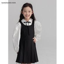 nanokids儿童秋款韩系风开学季学院风系列背带百褶裙+泡泡袖衬衫