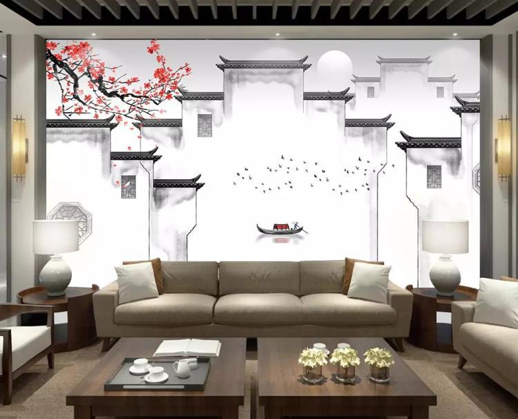 新中式徽派建筑马头墙背景墙墙纸手绘水墨山水画艺术定制壁画墙布