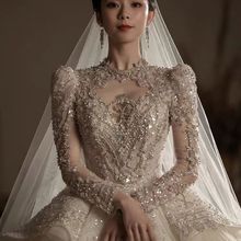 法式婚纱礼服女2023新款新娘重工奢华大拖尾长袖高级质感主纱高端