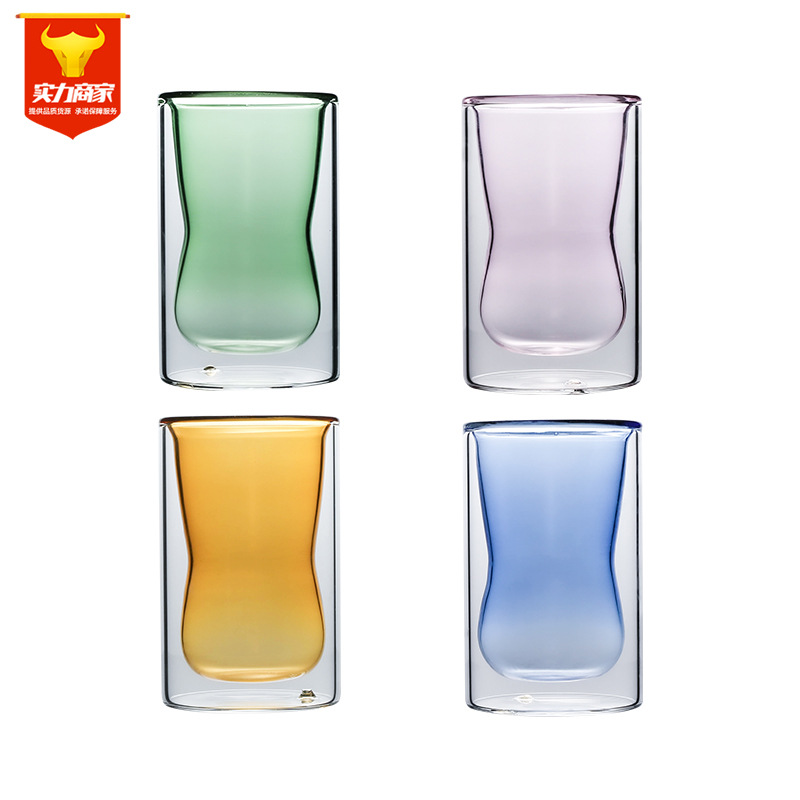 Creative Double-Layer Color Transparent Glass Cup Heat-Resistant Juice Coffee Mug Color Transparent Heat Insulation Milk Cup