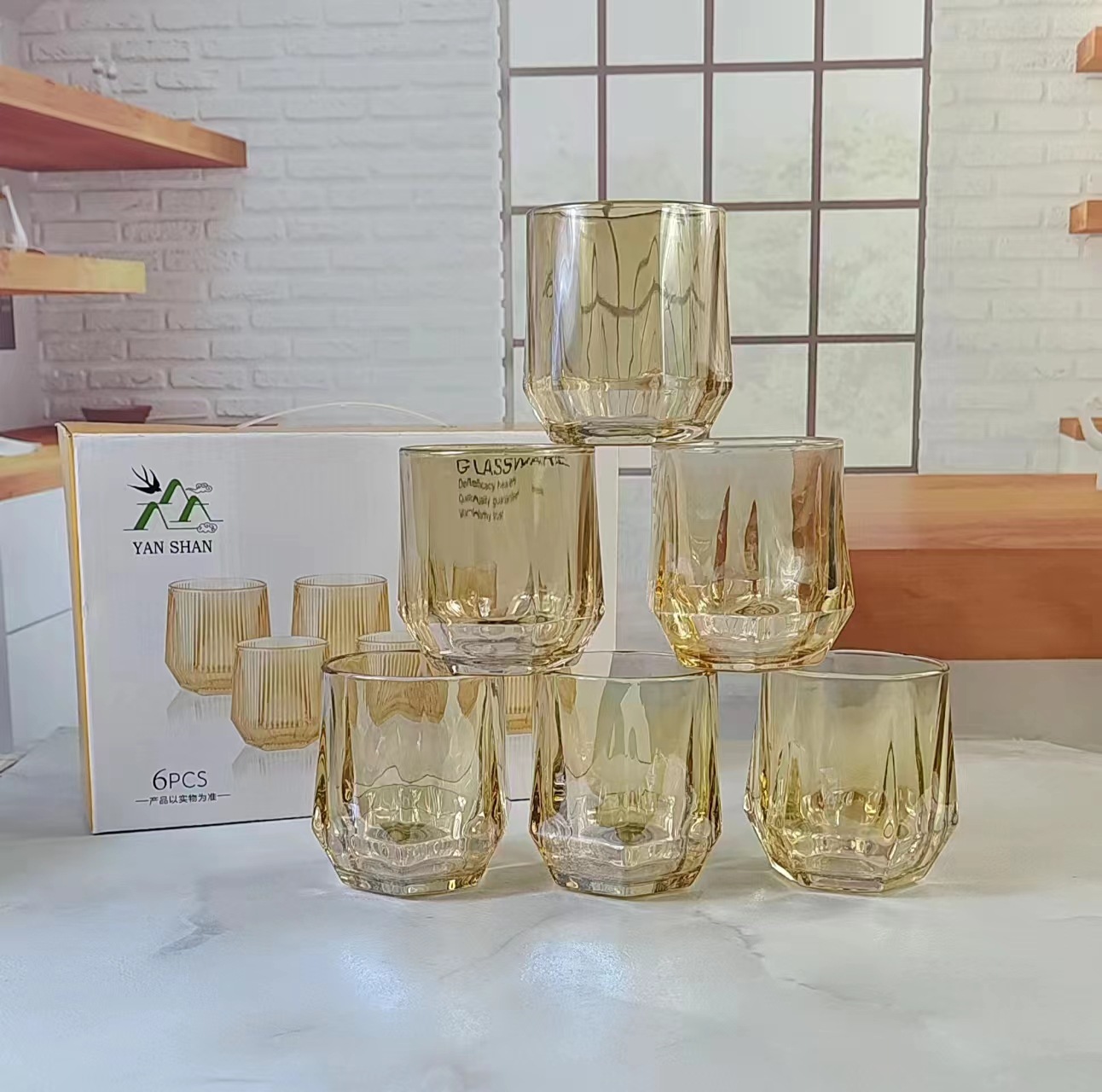 glass vertical grain glass hexagonal cup high temperature resistant home bar personality juice cup wine glass printed logo