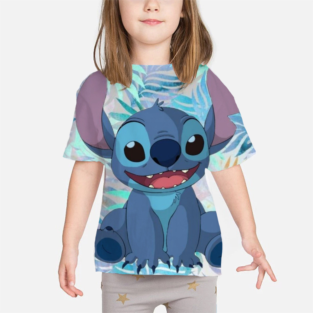 萝莉3d印花儿童夏季t恤女孩男孩3d卡通动漫上衣精品儿童史迪仔 图片