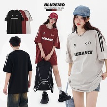 BLUREMO|春夏新品美式复古插肩袖织带装饰字母印花宽松圆领短袖潮