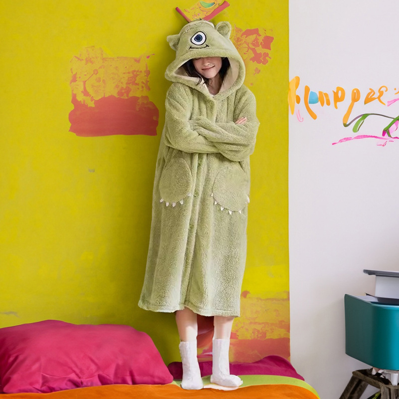 Cute Cartoon Autumn and Winter Hooded Tracksuit Women's Warm Nightgown Lambswool Thickened Pajamas Outerwear Bathrobe